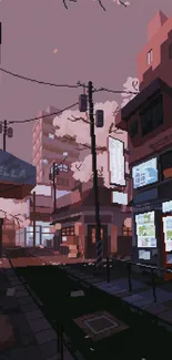 Pixel art street with cherry blossoms in a soft, pastel urban setting.