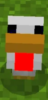 Pixelated chicken standing on green grass in blocky style.