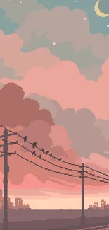 Pixel art cityscape at dusk with birds on power lines and clouds.