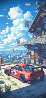 Pixel art wallpaper of a red car in a cityscape under a blue sky.