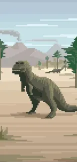 Pixel art dinosaur in a prehistoric landscape with earthy tones.