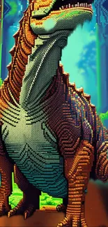 Pixel art dinosaur with vibrant green forest background.