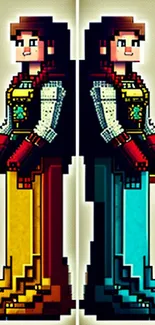 Pixel art of two warriors in contrasting colors on mobile wallpaper.