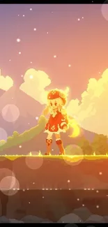 Pixel art wallpaper with a fantasy character under a warm sunset sky.