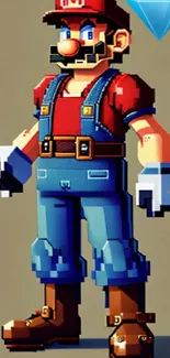 Pixel art game character with blue overalls and red cap.