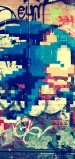 Vibrant pixel art graffiti on a brick wall with contrasting colors.