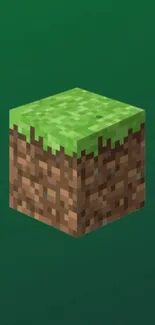 Pixel art grass block on a green background.