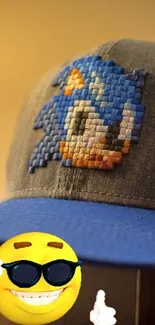 Gray hat with pixel art and emoji on mobile phone wallpaper.