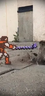 Pixel art hero with whip on concrete surface in urban setting.