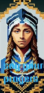 Pixel art of a historical woman with text overlay, styled in blue and gold.