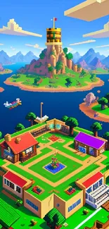 Colorful pixel art island with houses and blue skies.