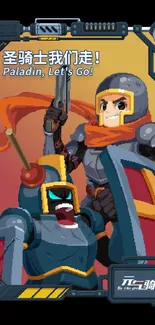 Pixel art wallpaper with a knight and robot in vibrant colors.