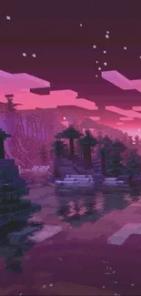 Pixel art landscape with colorful sunset and trees by the water.