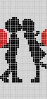 Pixelated couple with hearts in minimalist design.