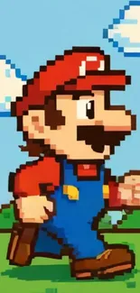 Pixel art Mario walking in a colorful landscape.