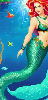 Colorful pixel art mermaid wallpaper with vibrant ocean scene.