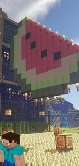 Minecraft pixel art with a giant watermelon and character.