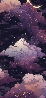 Pixel art clouds with stars and crescent moon in a night sky.