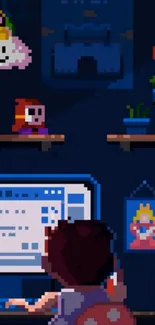 Pixel art room with a computer, shelves, and toys at night.