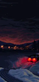 Pixel art of a nighttime scene with a car, city lights, and mountains.