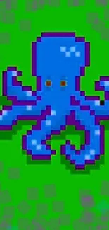 Pixel art blue octopus on green background.