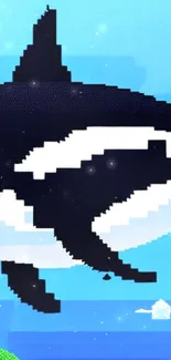 Pixel art wallpaper featuring an orca in a bright ocean scene.