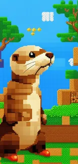 Pixel art otter in a vibrant game scene with green and blue hues.