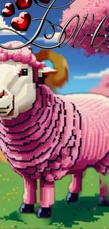 Pixel art pink sheep on a scenic background.