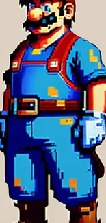 Pixelated plumber in blue attire, retro art style.