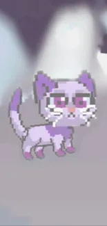 Pixel art wallpaper of a cute purple cat on a gradient background.