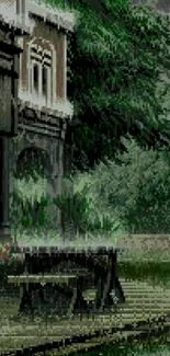 Pixel art wallpaper of a rainy scene by an old building and lush greenery.