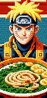 Pixel art anime character holding ramen bowl as a mobile wallpaper.