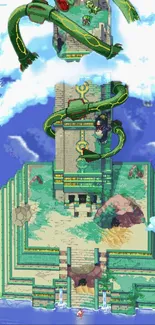 Epic pixel art with sky serpent and temple.