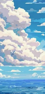 Pixel art of a tranquil sky and sea with clouds.