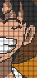 Smiling character in pixel art style with orange background.