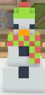 Pixelated snowman with bright colors.