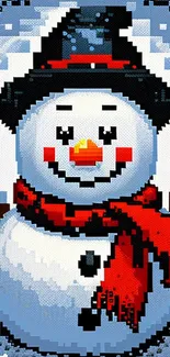 Cheerful pixel snowman with red scarf and blue background.