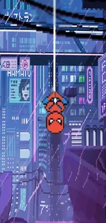 Pixel art cityscape with superhero swinging upside down.