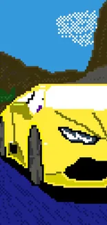 Pixel art of yellow sports car on a mountain road in vibrant colors.