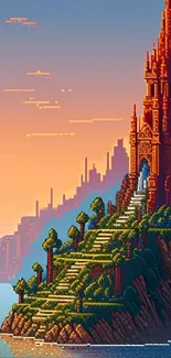 Pixel art castle during sunset with ocean view.