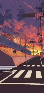 Pixel art sunset road with vibrant sky and street view.