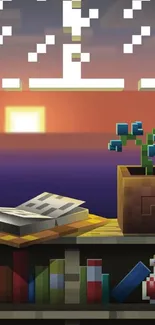 Minecraft-inspired pixel art sunset with books and a plant.