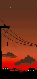 Pixel art sunset with silhouettes and power lines.