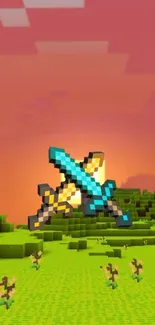 Pixel art wallpaper with swords at sunset.