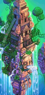 Mystical pixel art temple with waterfalls and vibrant trees.