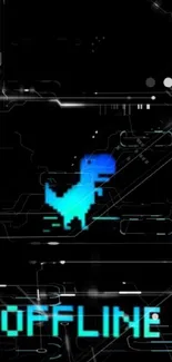 Pixelated blue dinosaur on black background with 'Offline' text.