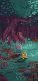 Pixel art forest adventure with two characters exploring.