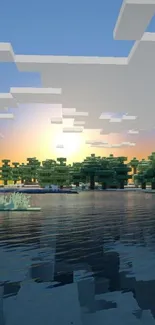 Pixelated forest at sunset with calm water reflections.