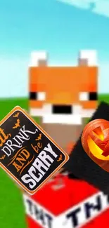 Pixel fox Halloween wallpaper with TNT and pumpkin elements.