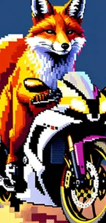 Pixel art of a fox riding a motorcycle, vibrant colors, and bold design.